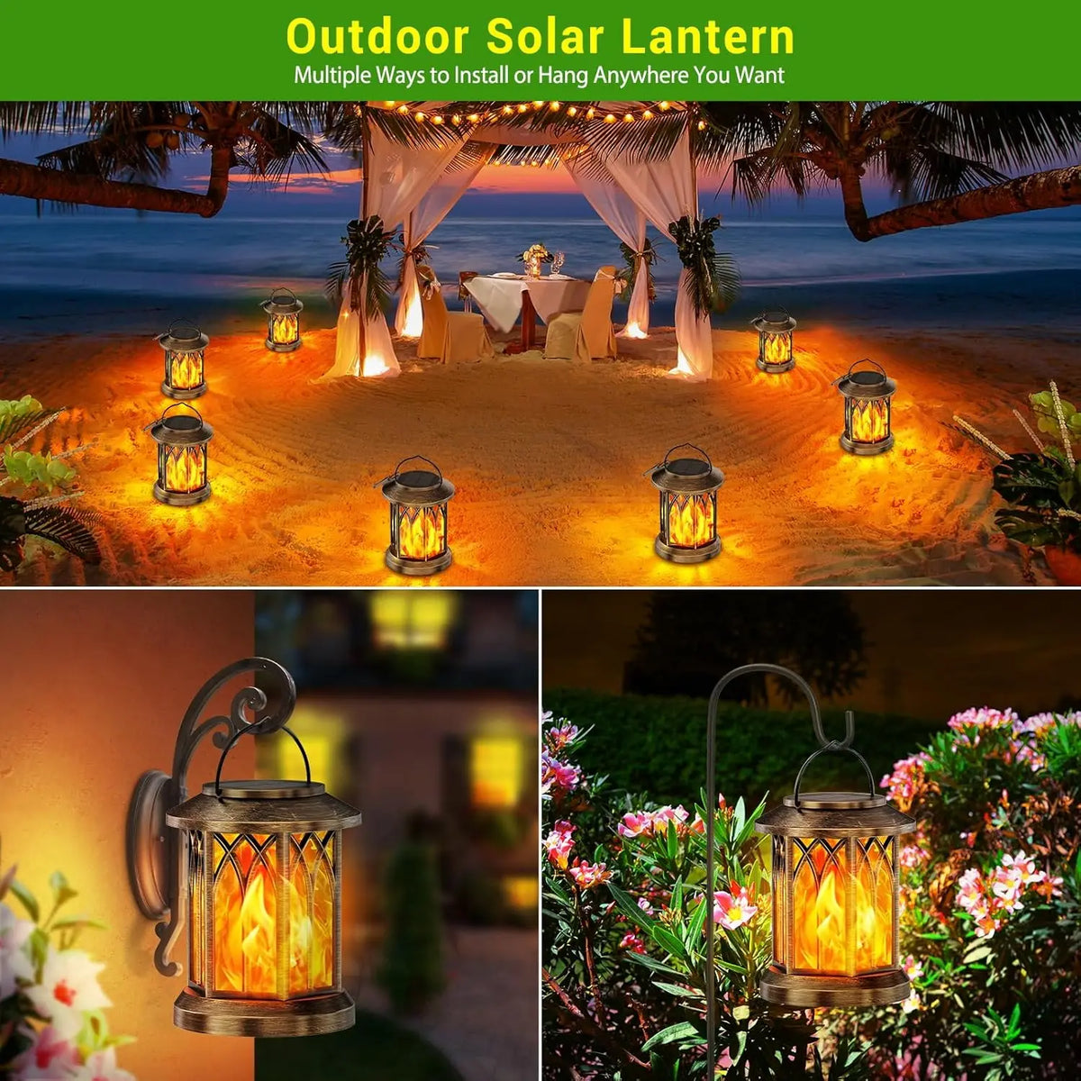 Waterproof Flickering Flame Solar Lantern Outdoor Garden Patio Decor