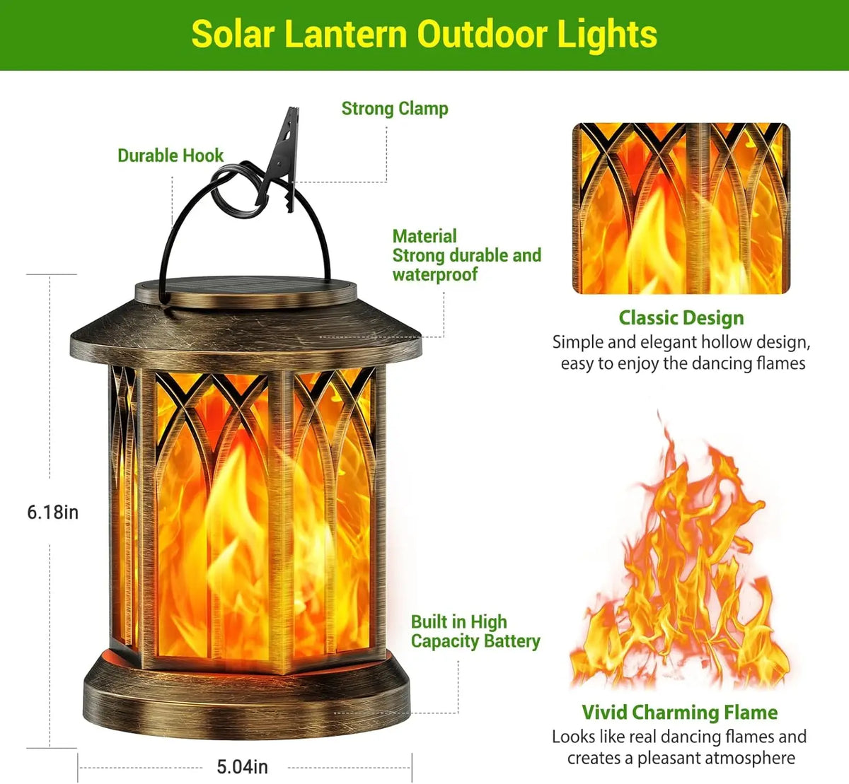 Waterproof Flickering Flame Solar Lantern Outdoor Garden Patio Decor