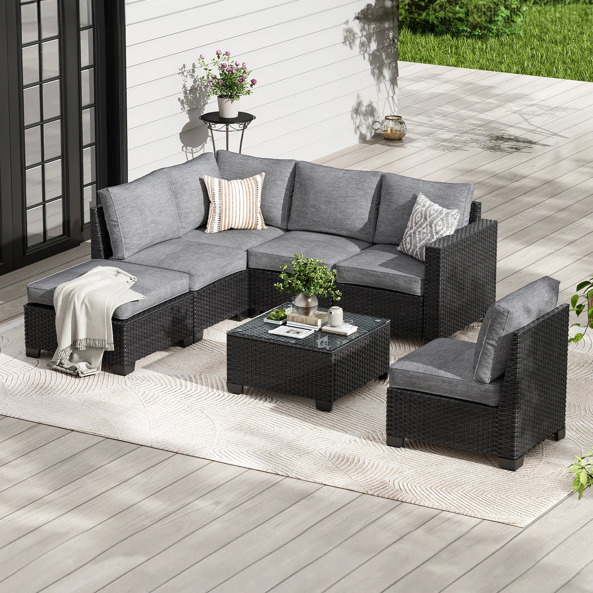 Farini Outdoor Patio Sectional Sofa Set With Ottoman Frame
