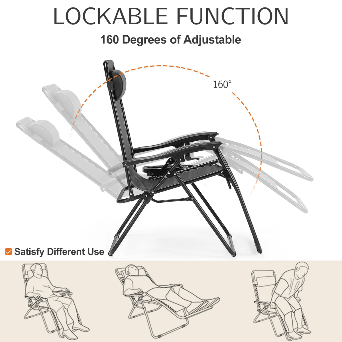JHK Zero Gravity Outdoor Lounge Chair With Adjustable Pillow Tray