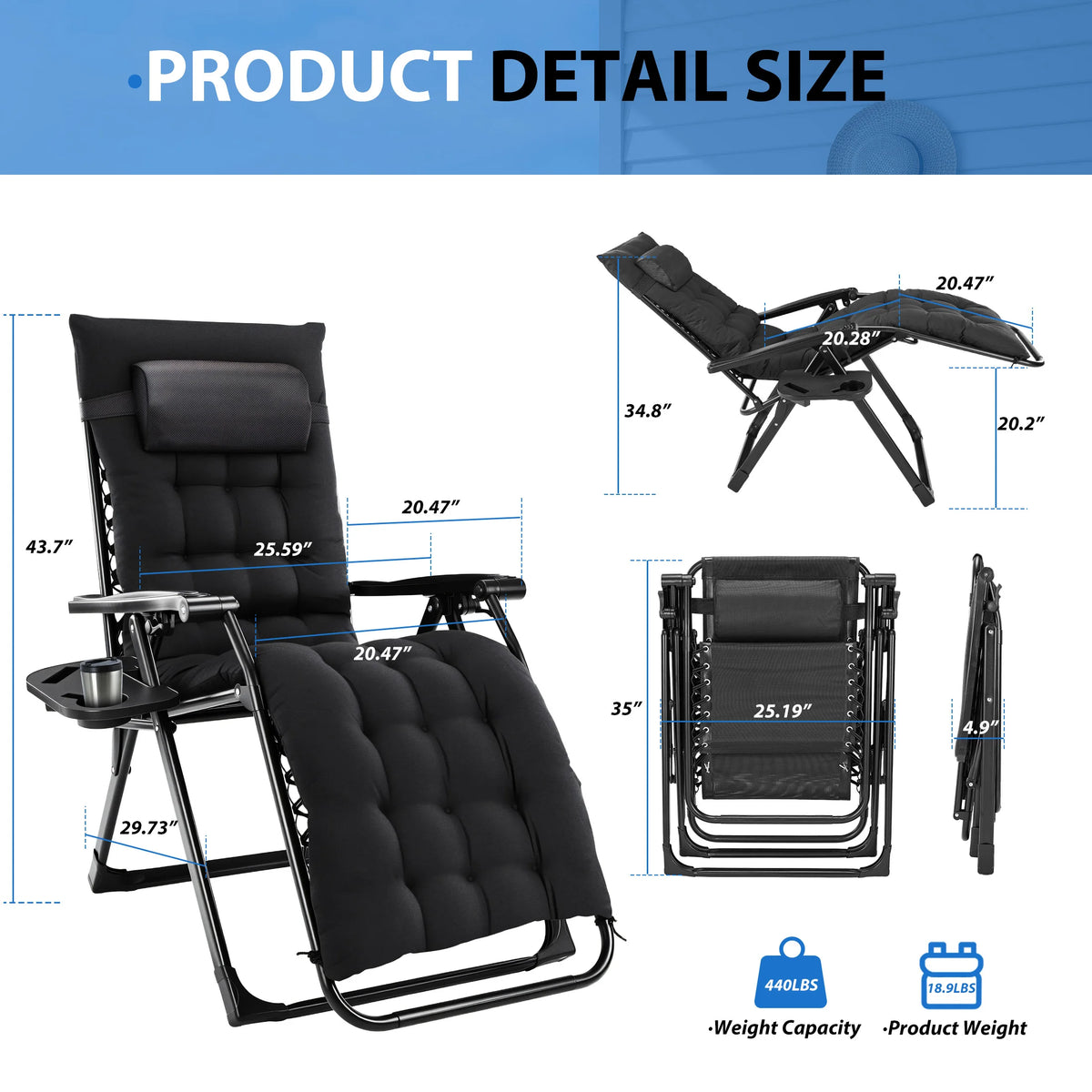 MCQ Zero Gravity Cushioned Folding Outdoor Lounge Chair With Cooler