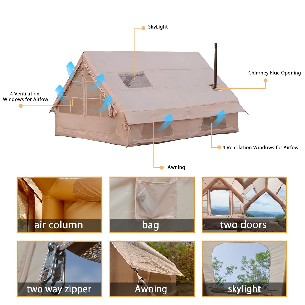 Pakicetus Luxury Inflatable Camping Tent With Skylight And Air Pump