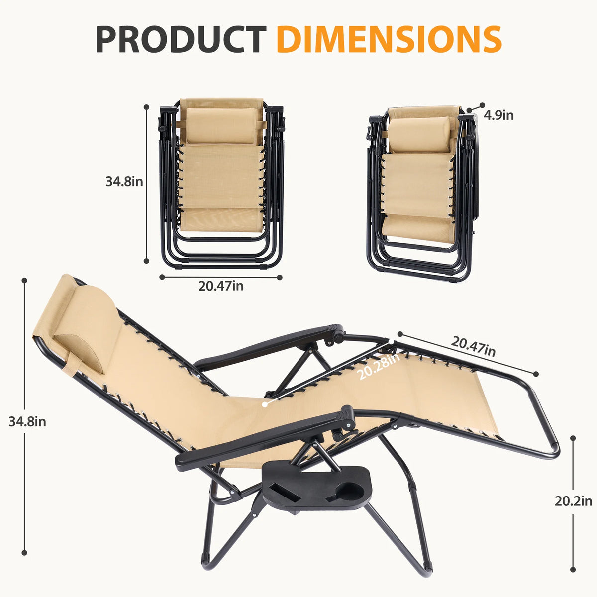 JHK Portable Zero Gravity Outdoor Recliner Lounge Chair With Tray