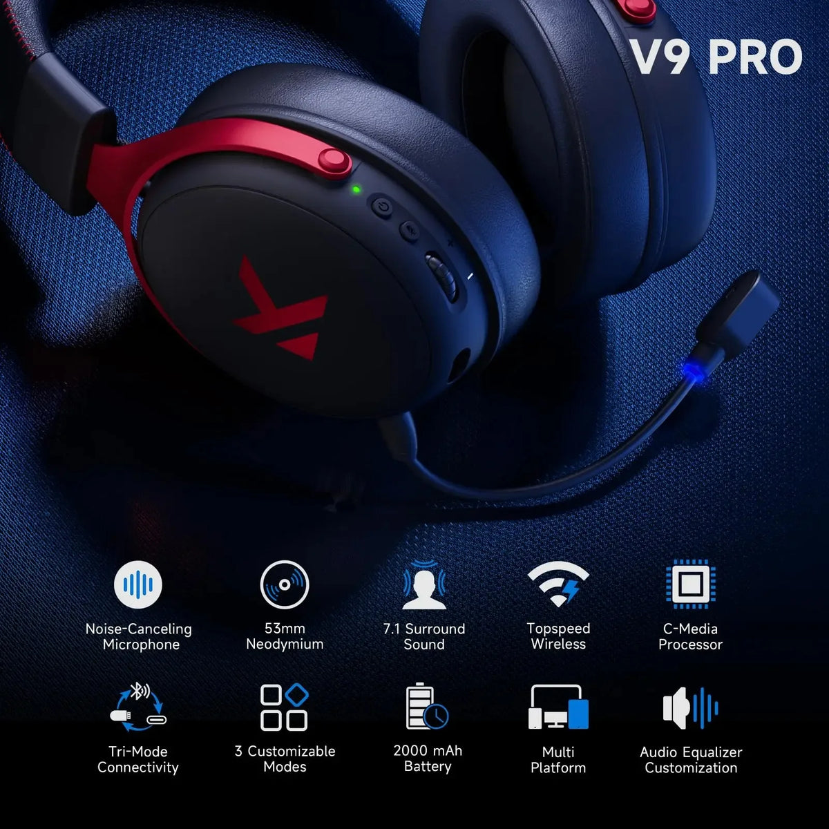 MCHOSE V9 Pro Wireless Gaming Headset 7.1 Surround Sound Mic