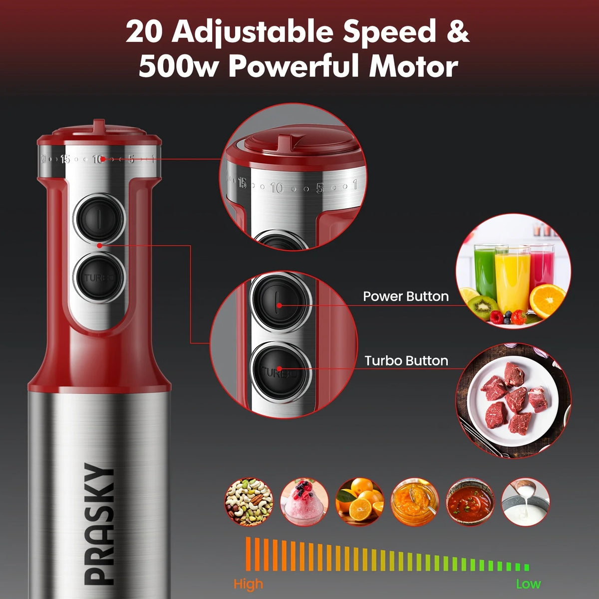 Prasky 5-in-1 Handheld Immersion Blender With Whisk And Meat Chopper