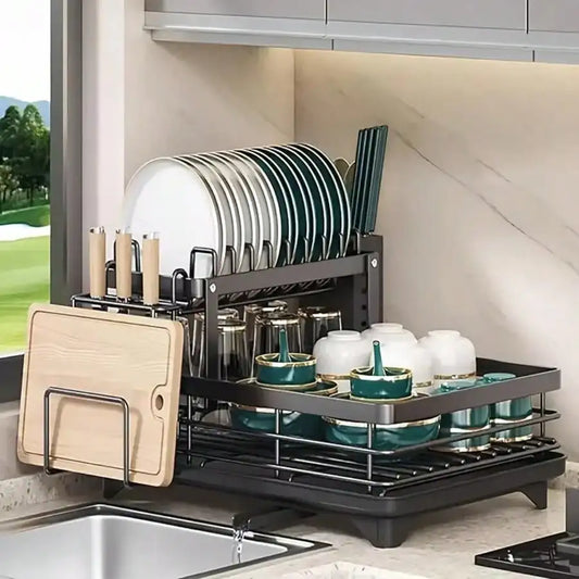 Double Layer Carbon Steel Kitchen Cutlery Draining Rack