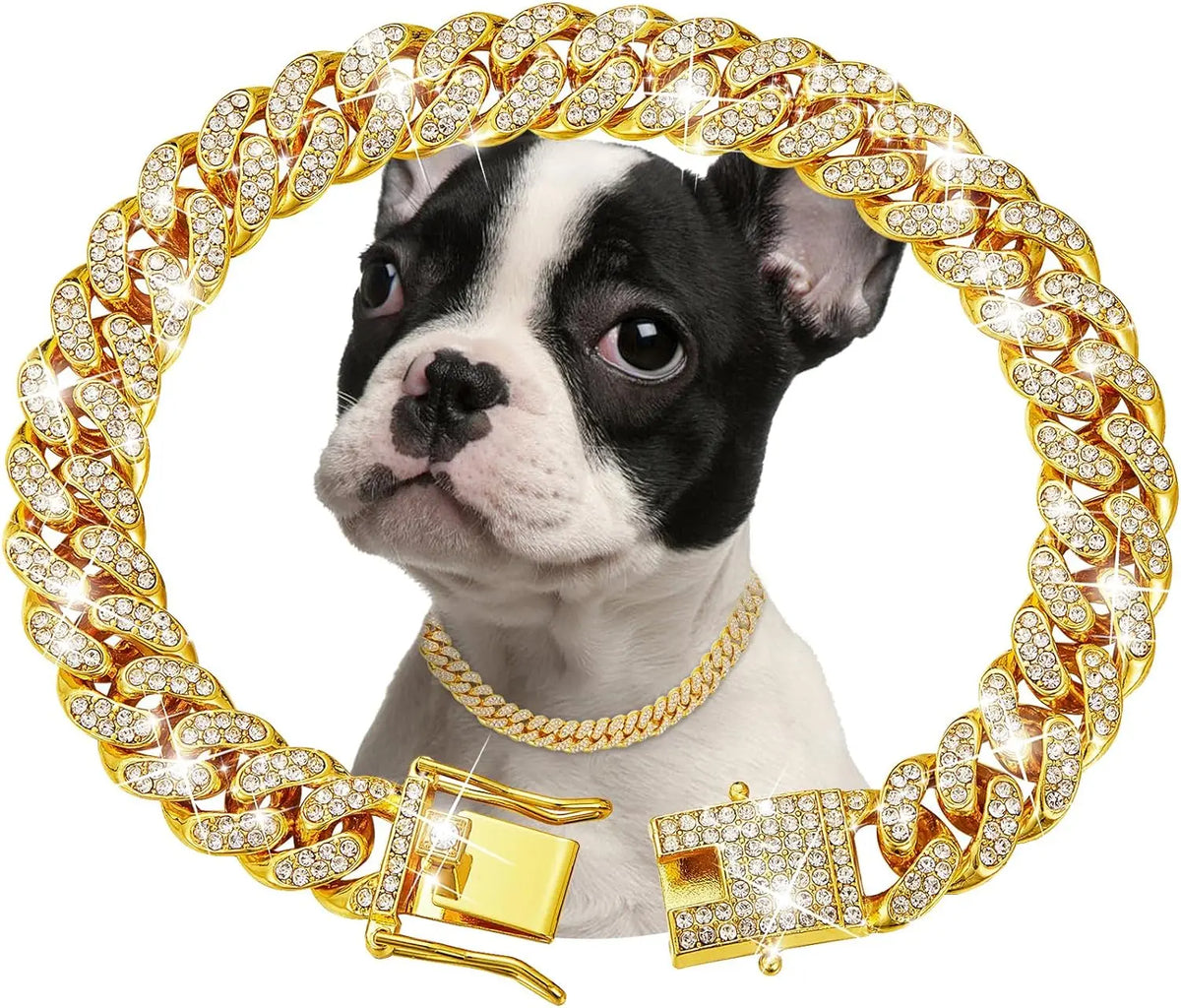 Luxury Stainless Steel Dog Chain Collar With Jeweled Accents