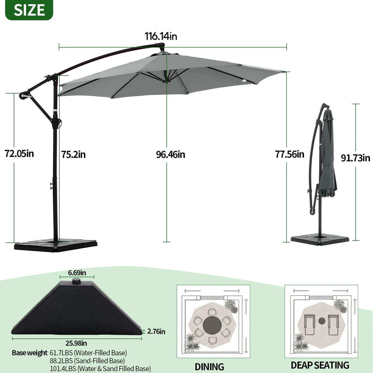 JHK Outdoor Offset Patio Umbrella With Adjustable Tilt UV Protection