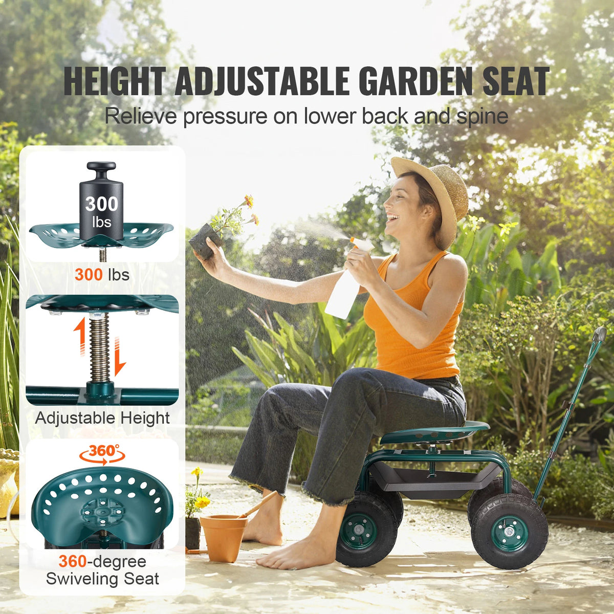 SucceBuy Rolling Garden Cart With Swivel Seat And Wheels