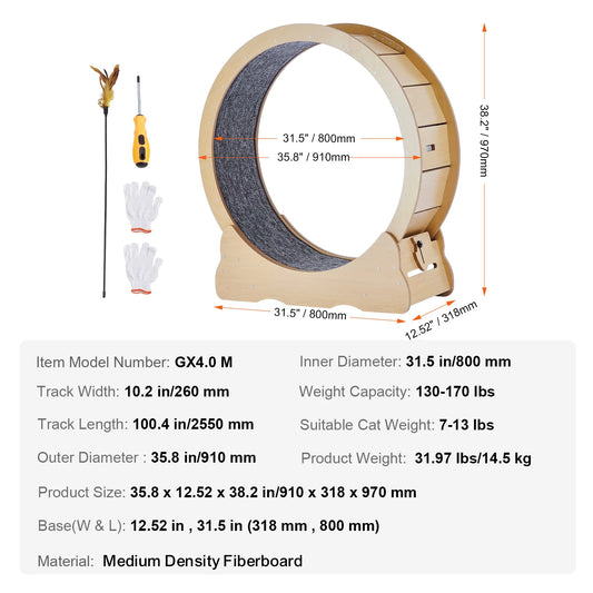 Wooden Cat Exercise Wheel With Detachable Carpet And Teaser
