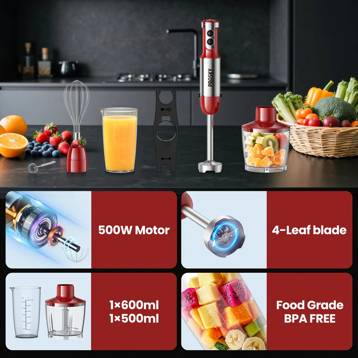 Prasky 5-in-1 Handheld Immersion Blender With Whisk And Meat Chopper