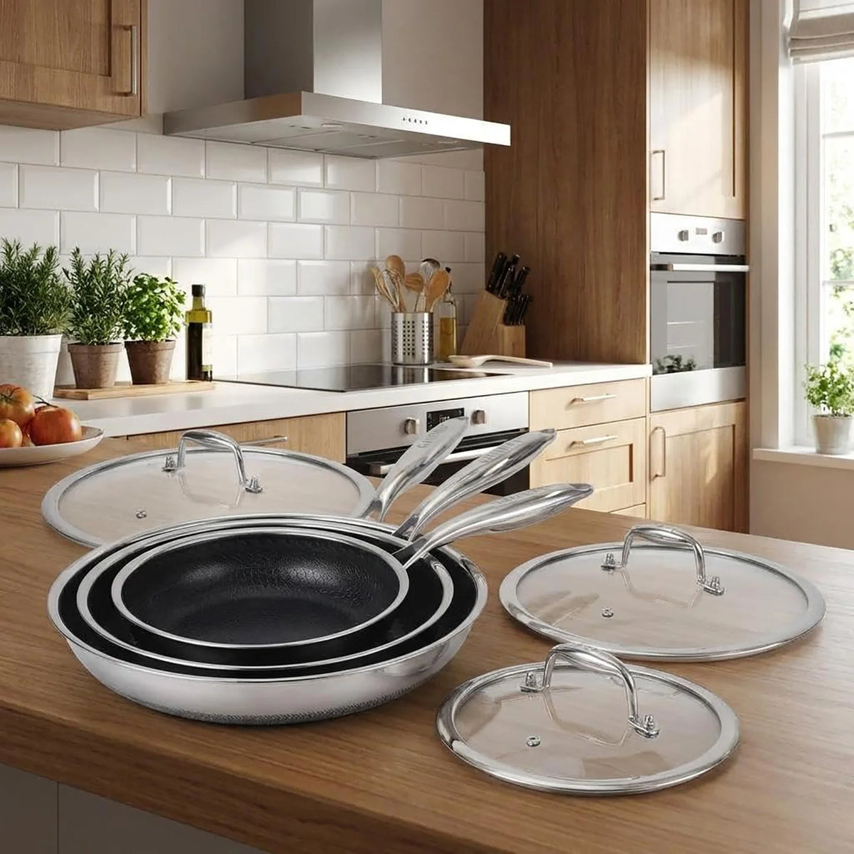 HiMISS Tri Ply Stainless Steel Honeycomb Nonstick Frying Pan Set