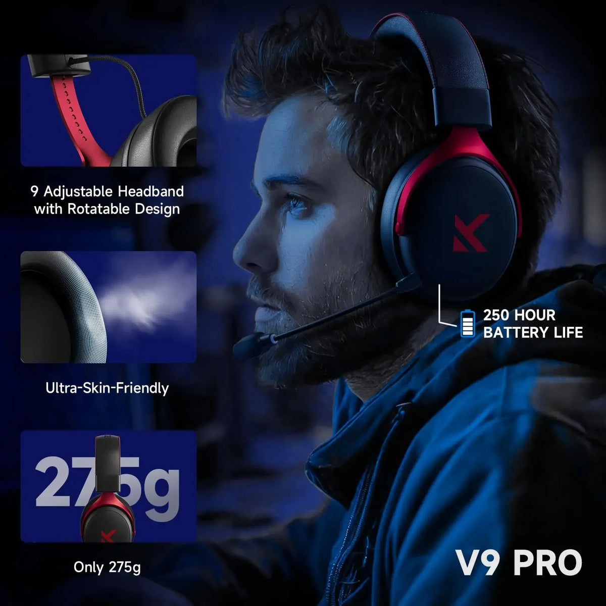 MCHOSE V9 Pro Wireless Gaming Headset 7.1 Surround Sound Mic