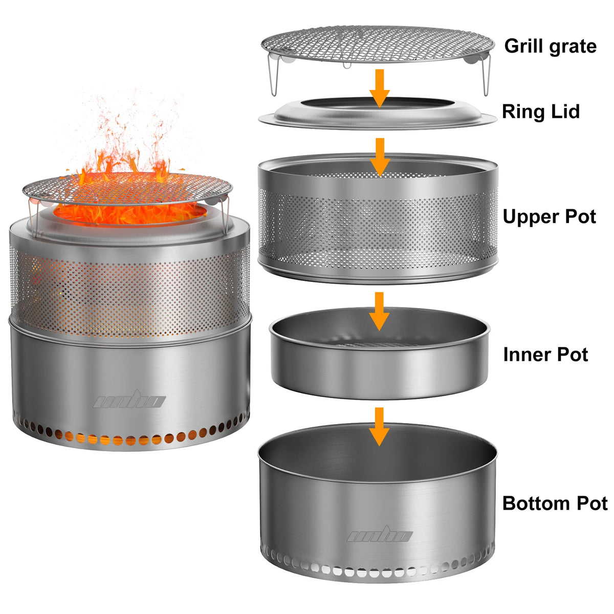 Unho Portable Smokeless Stainless Steel Outdoor Fire Pit