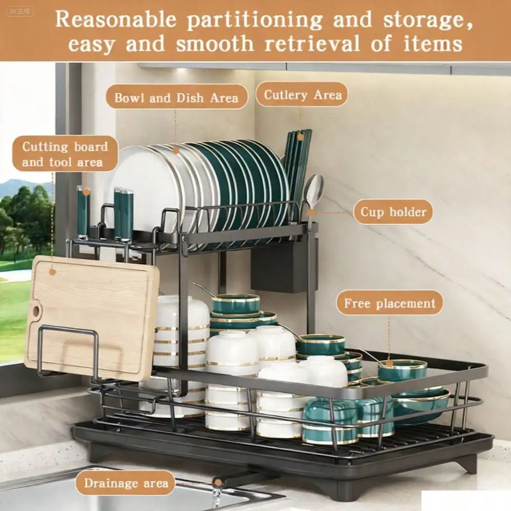 Double Layer Carbon Steel Kitchen Cutlery Draining Rack