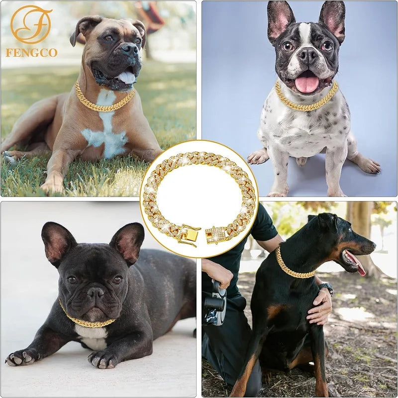 Luxury Stainless Steel Dog Chain Collar With Jeweled Accents