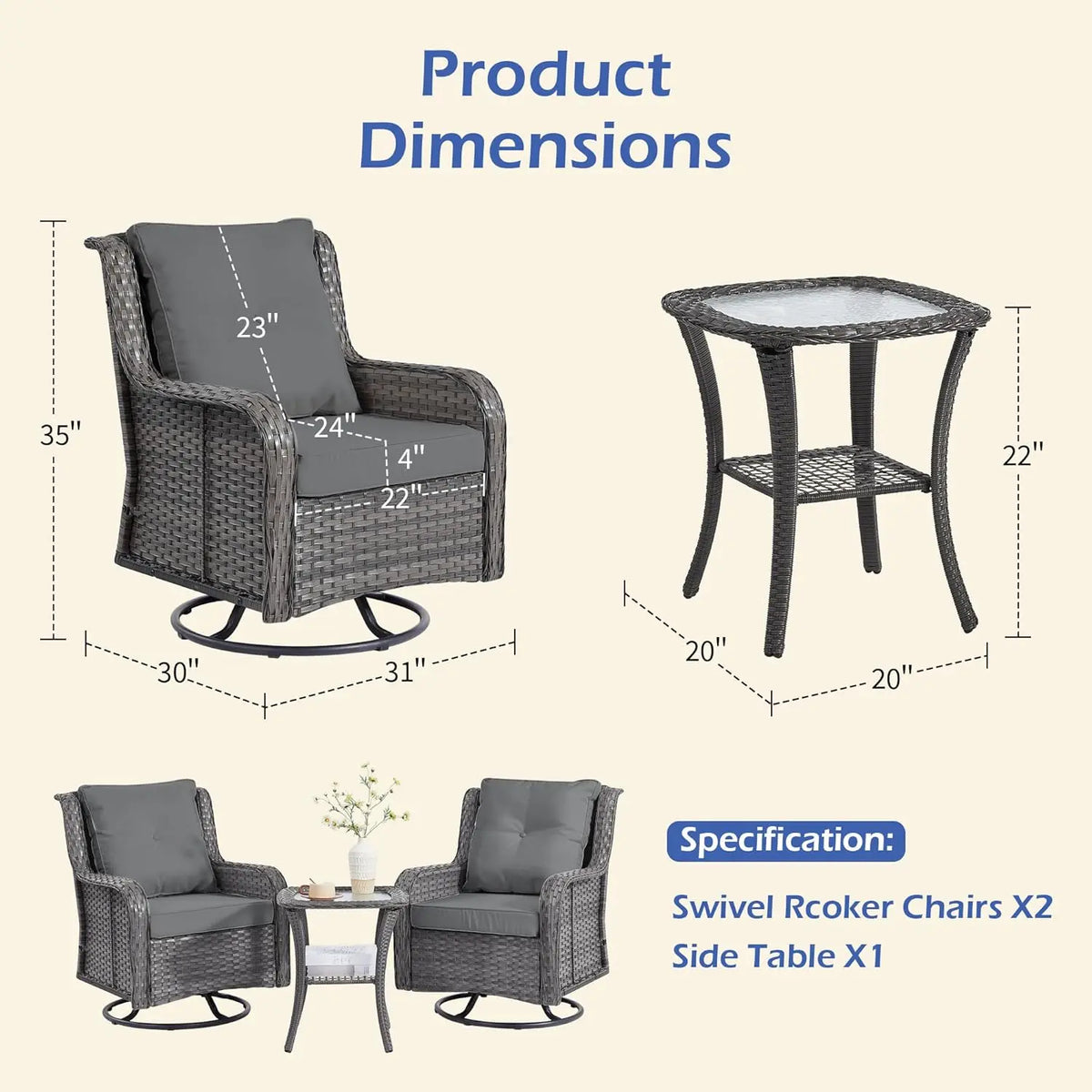 Modern Outdoor Patio Furniture Swivel Rocking Chairs With Side Table
