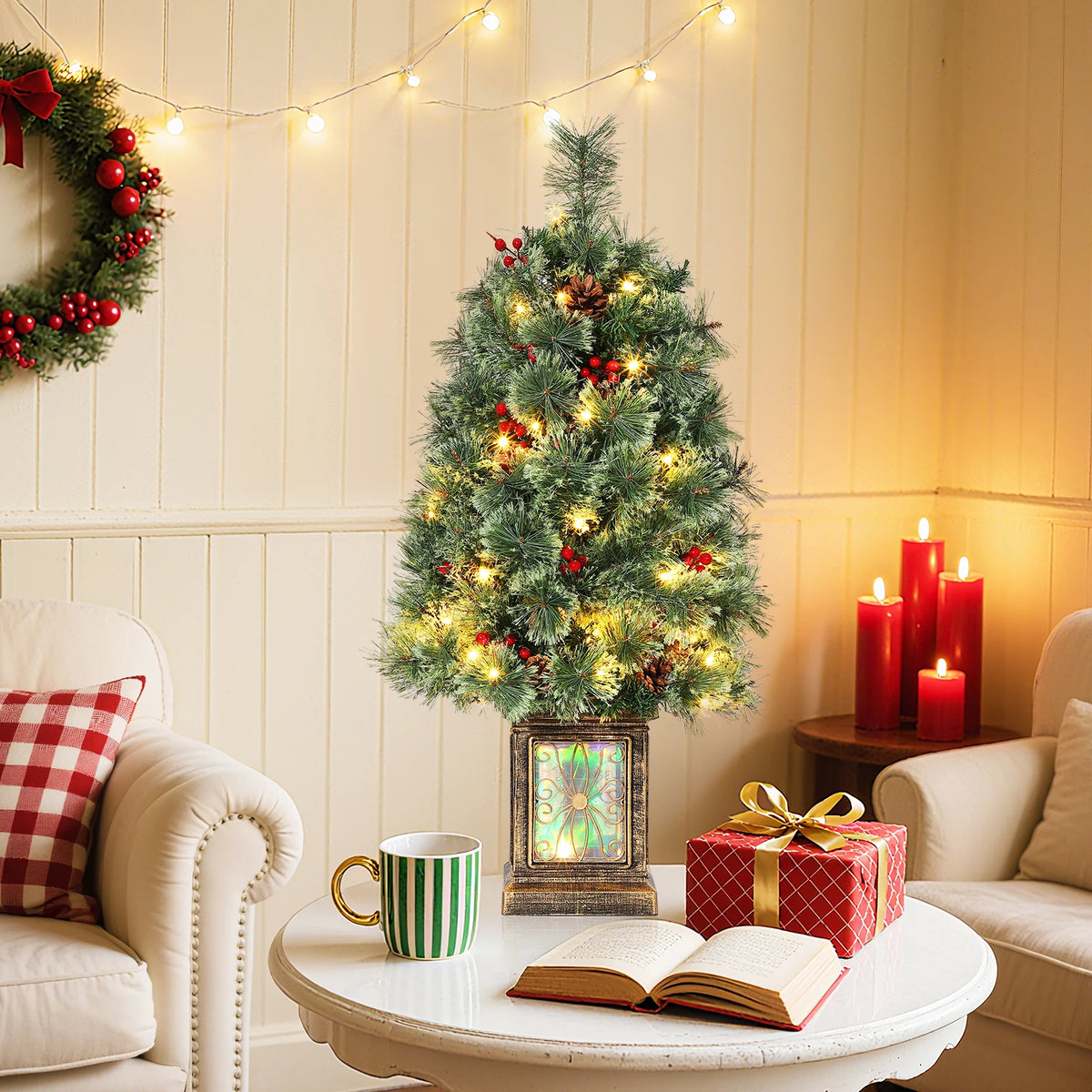 Prelit Artificial Christmas Pine Tree With LED Lights