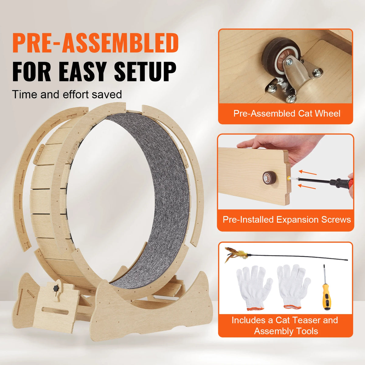Wooden Cat Exercise Wheel With Detachable Carpet And Teaser
