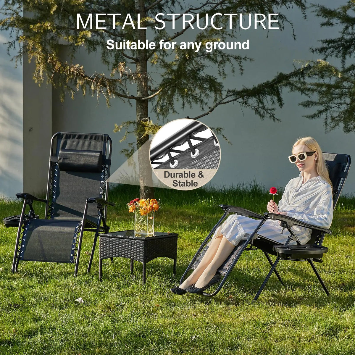 JHK Zero Gravity Outdoor Lounge Chair With Adjustable Pillow Tray