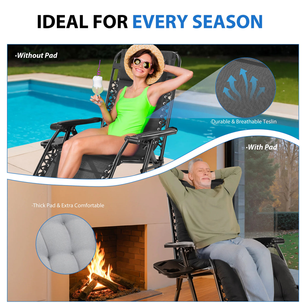 MCQ Zero Gravity Cushioned Folding Outdoor Lounge Chair With Cooler