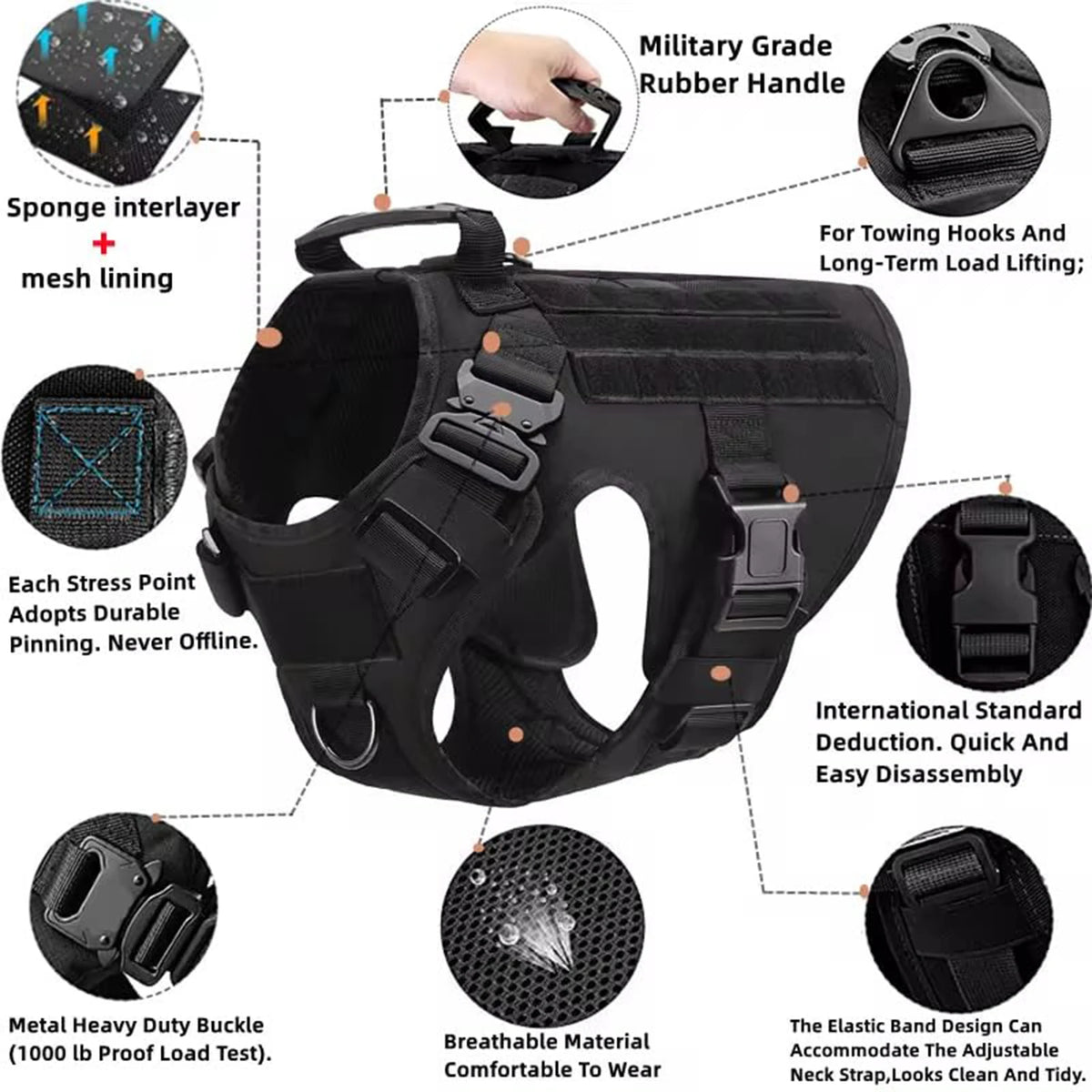Petravel Tactical Dog Harness With Molle Pouch And Buckle