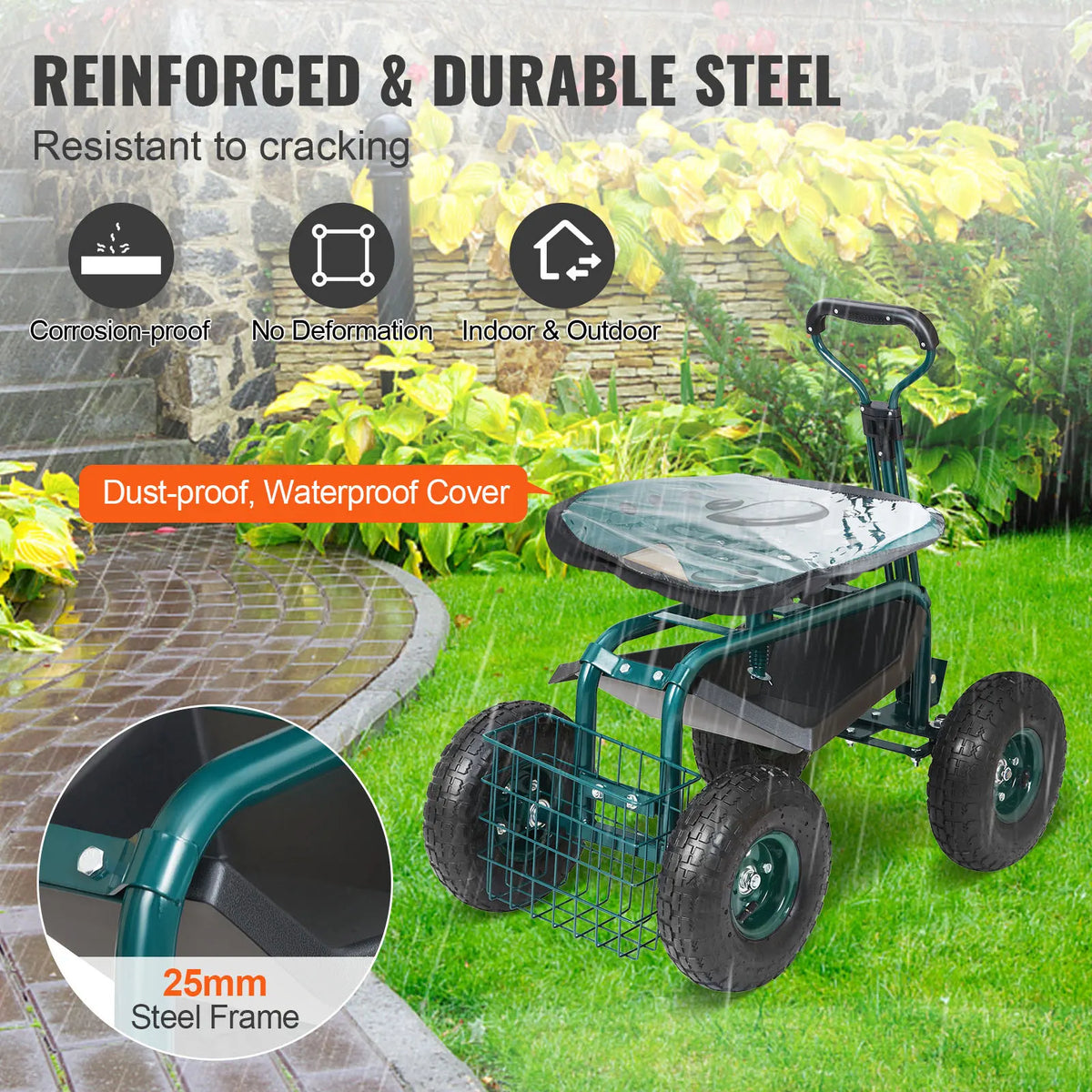 SucceBuy Rolling Garden Cart With Swivel Seat And Wheels