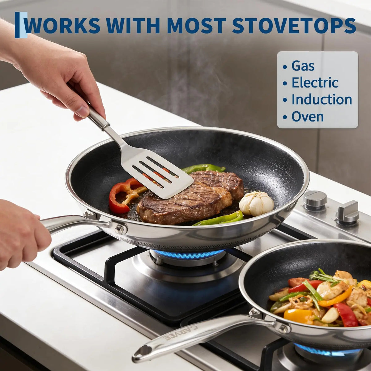 HiMISS Tri Ply Stainless Steel Honeycomb Nonstick Frying Pan Set