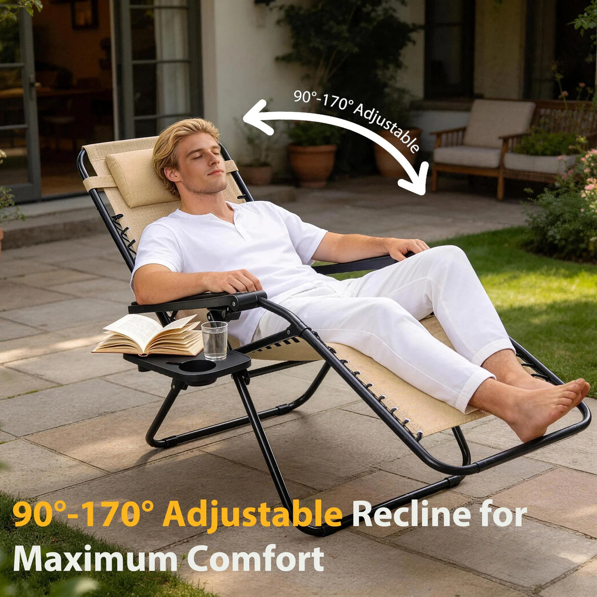 JHK Portable Zero Gravity Outdoor Recliner Lounge Chair With Tray