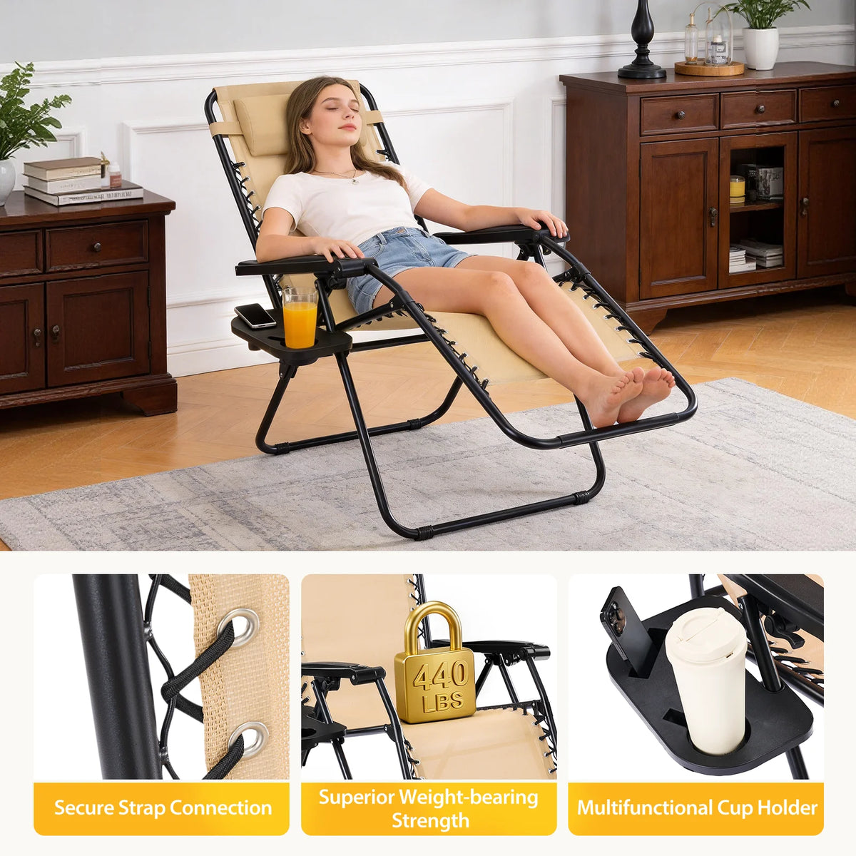 JHK Portable Zero Gravity Outdoor Recliner Lounge Chair With Tray