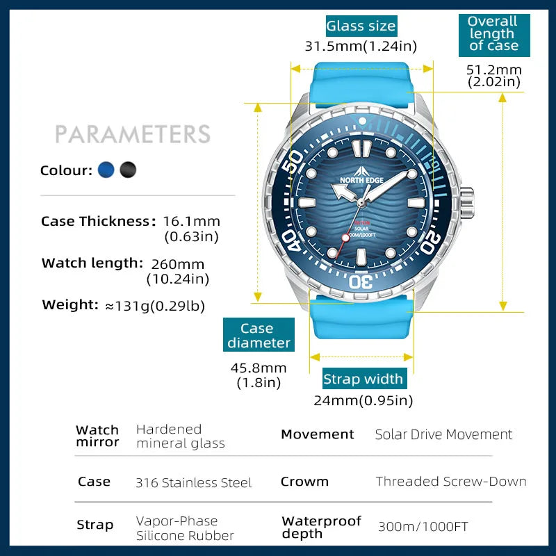 NORTH EDGE Triton Solar Powered Dive Watch Waterproof Digital